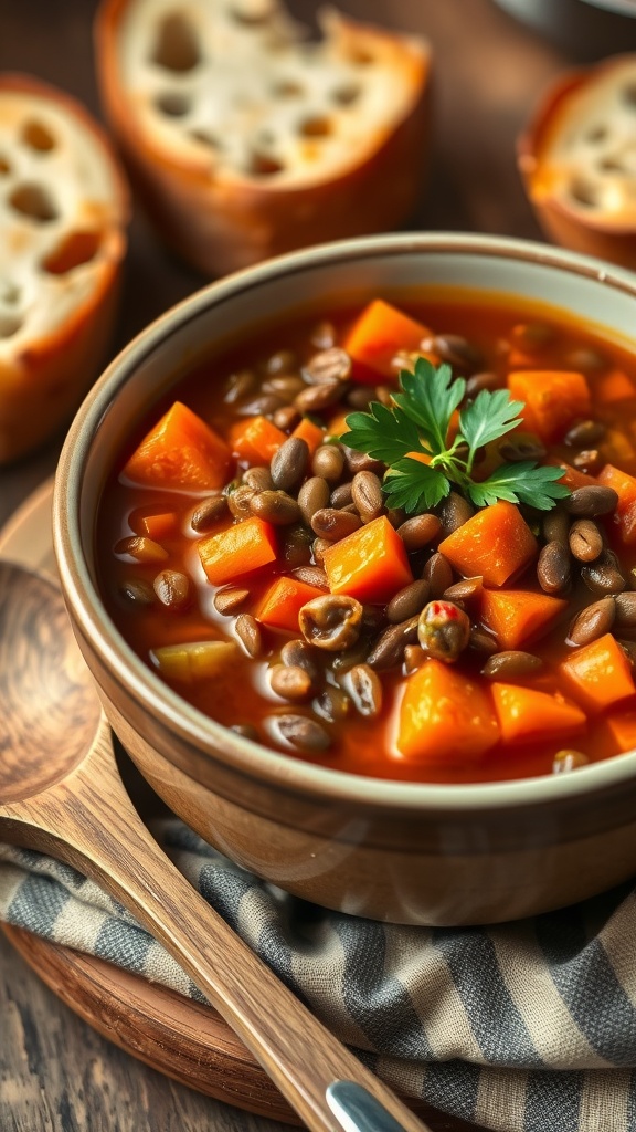 Savory Vegan Lentil Stew Recipe A comforting bowl of vegan lentil stew with carrots, celery, and lentils in tomato broth, garnished with parsley, on a rustic table with bread.